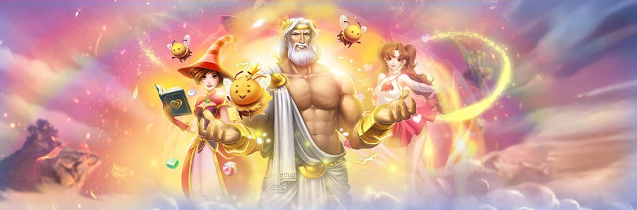 Zeus, eine Hexe und weitere Play’n GO Figuren vor einer farbenfrohen Fantasiekulisse
