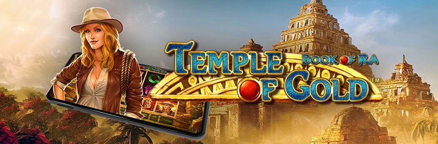 Banner zum Online Slot Book of Ra: Temple of Gold mit Abenteurerin, Tempelanlage und Smartphone