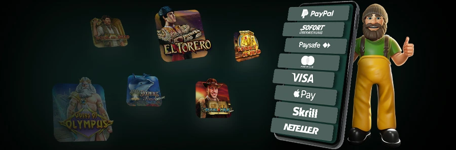 Illustration von DIE SPIELBANK: Smartphone mit Zahlungsmethoden wie PayPal, VISA, Apple Pay und Slotspielen wie Book of Dead und Gates of Olympus im Hintergrund.