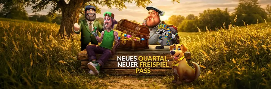 Banner mit Schatztruhe, Slotfiguren und dem Schriftzug „Neues Quartal, neuer Freispiel-Pass“ von DIE SPIELBANK.