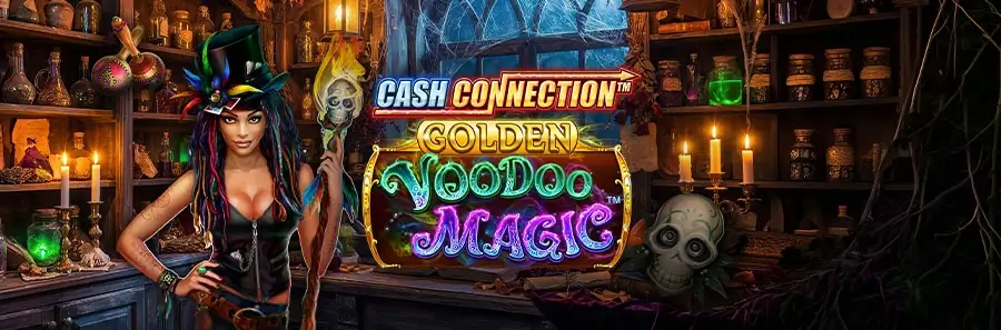 Grafik zu Cash Connection Golden Voodoo Magic mit Voodoo-Figur, Spielwalzen, Goldmünzen, Kürbissen und Fledermäusen.