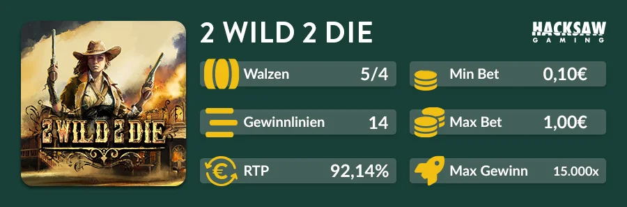 2 Wild 2 Die Slot Übersicht mit 5 Walzen und 15.000x maximalem Gewinn
