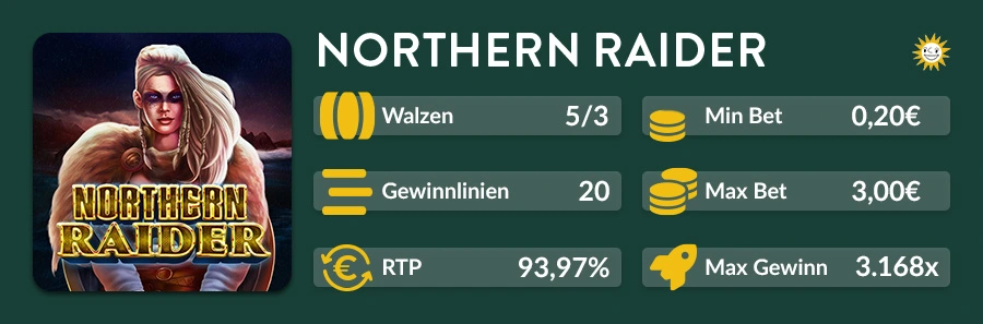 Spielinformationen zum Northern Raider Slot mit 5 Walzen, 20 Gewinnlinien, 93,97 Prozent RTP und maximal 3.168-fachem Gewinn
