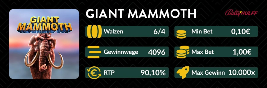 Slotübersicht des Giant Mammoth Slots mit Mammut-Motiv und Spielinfos