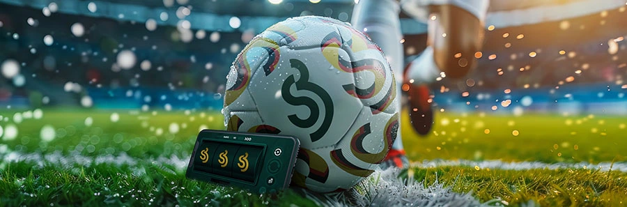 Banner mit Fußball, Stadionatmosphäre und Smartphone mit Gold Cup Power Spins Slot für eine WM-Freispielaktion.