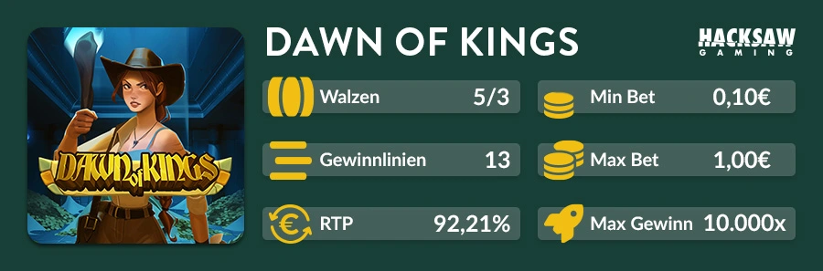 Slot-Übersicht von Dawn of Kings mit 5 Walzen, 13 Gewinnlinien und RTP von 92,21 %
