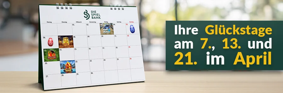 Tischkalender zeigt Casino Bonus Tage im April mit Glückstagen und Freispiele Aktionen am 7., 13. und 21.