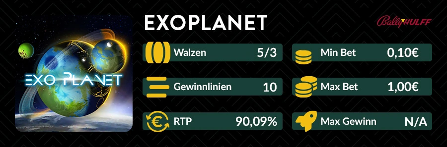 Exoplanet Slotübersicht mit 5 Walzen, 10 Gewinnlinien, 90,09 Prozent RTP und 0,10€ bis 1,00€ Min und Max Bet