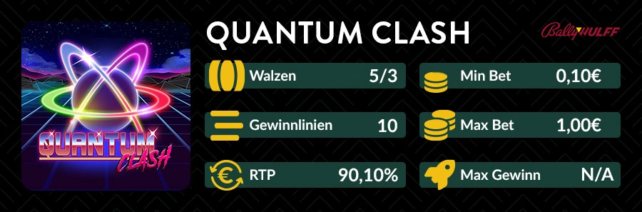 Quantum Clash Slotübersicht mit 5 Walzen, 10 Linien, 90,10 Prozent RTP und Einsatz von 0,10€ bis 1,00€