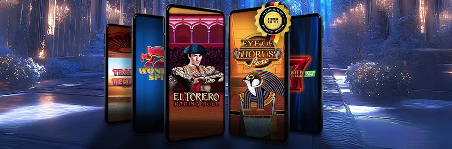 Werbebanner mit mehreren Slot-Covern vor blau leuchtender Hintergrundkulisse