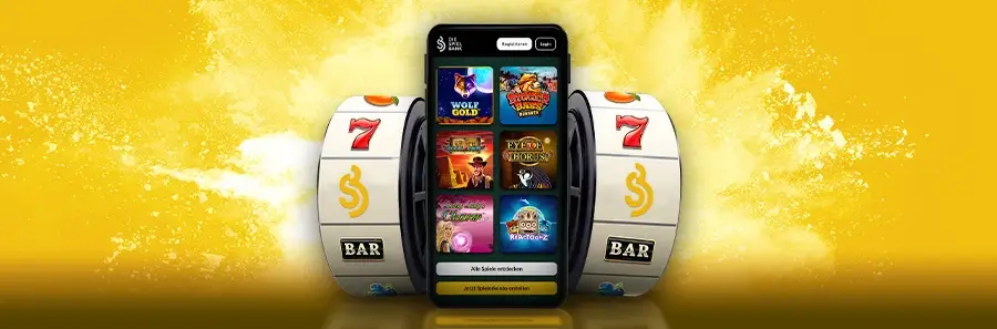 Smartphone mit Slot-Spielen wie Wolf Gold, Eye of Horus und Book of Ra zwischen zwei Spielautomaten-Rollen auf gelbem Hintergrund.
