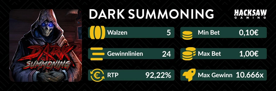 Dark Summoning Slot Übersicht mit 5 Walzen, RTP 92,22% und 10.666x Max Gewinn