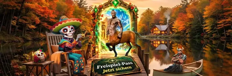 Herbstliche Szene am See mit Slotfiguren, leuchtendem Portal und Schild „Freispiel-Pass – Jetzt sichern“.