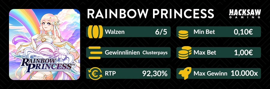 Rainbow Princess Slot Übersicht von Hacksaw Gaming mit RTP und Einsatzoptionen