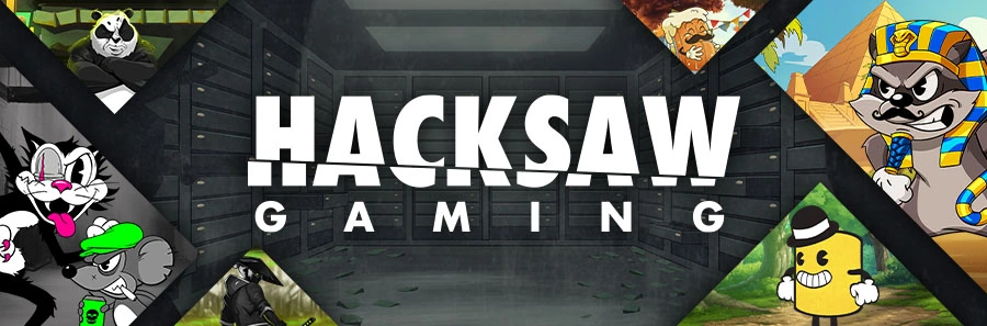 Banner mit Hacksaw Gaming Logo und neuen Slot-Charakteren – 85 neue Slots bei DIE SPIELBANK