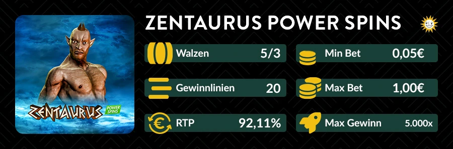 Zentaurus Power Spins Slot mit 92,11 % RTP und bis zu 5.000x Gewinn.