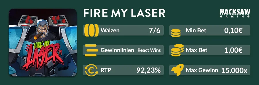 Fire My Laser Slot Übersicht mit 7x6 Walzenlayout und 15.000x maximalem Gewinn