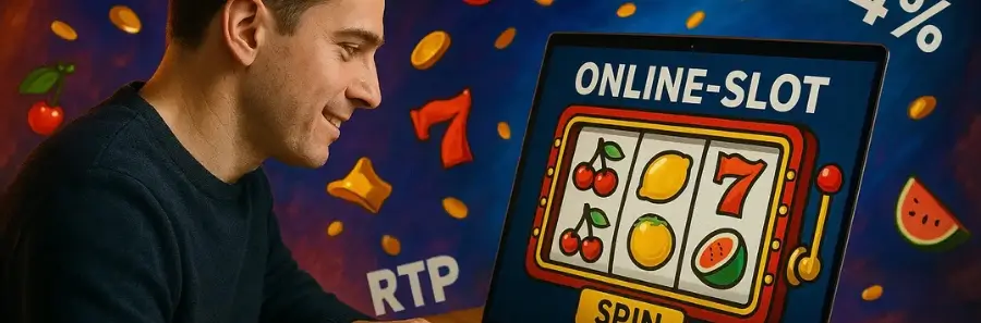 Lächelnder Mann spielt auf einem Laptop einen Online-Slot mit klassischen Symbolen wie Kirschen, Sieben, Zitrone und Melone – bunter Hintergrund mit RTP-Angabe und Coins, ideal zur Darstellung von Anfängertipps für Slot-Games