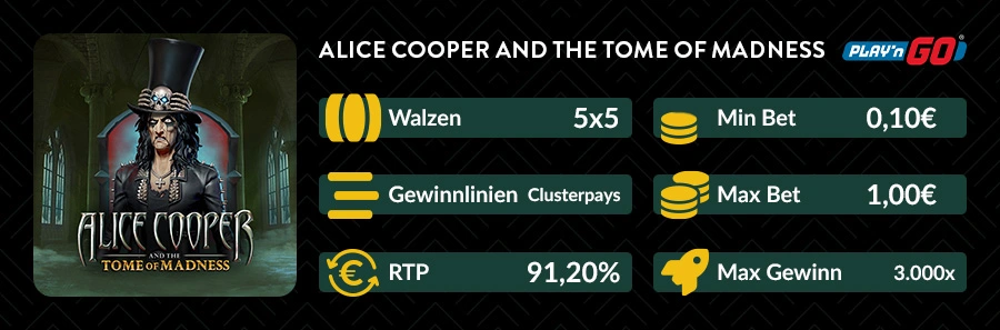 Alice Cooper and the Tome of Madness Slot Übersicht mit RTP, Clusterpays und maximalem Gewinn