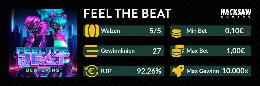 Übersicht zum Feel The Beat Slot mit BeatSpins, RTP und 27 Gewinnlinien