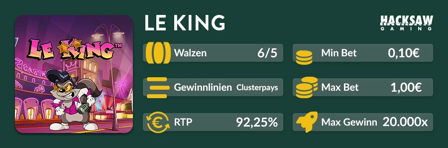 Le King Slot Übersicht von Hacksaw Gaming mit 92,25 % RTP, 0,10€–1,00€ Einsatz und 20.000x Max Win