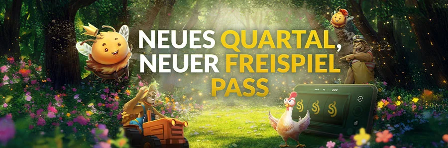 Banner-Grafik zum Freispiel Pass Q2 2026 mit Biene, Huhn, Traktor und Farmer in einer magischen Waldlichtung