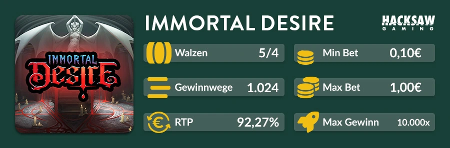 Slot-Infos zu Immortal Desire mit Walzenlayout, RTP und maximalem Gewinn