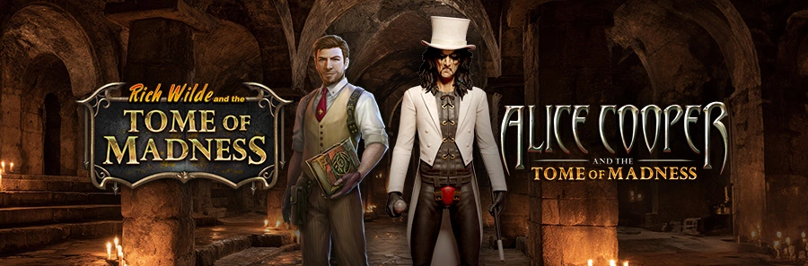 Rich Wilde und Alice Cooper in einer Gruft für die Slots Tome of Madness von Play’n GO