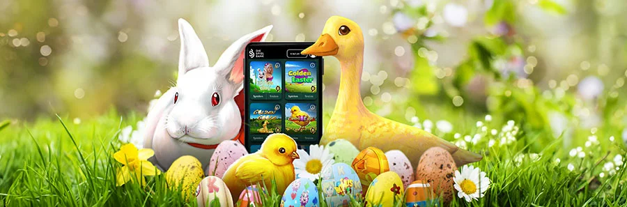 Oster Casino Szene mit Hase, Küken, bunten Ostereiern und Slotspiel auf Smartphone im Frühlingsgarten
