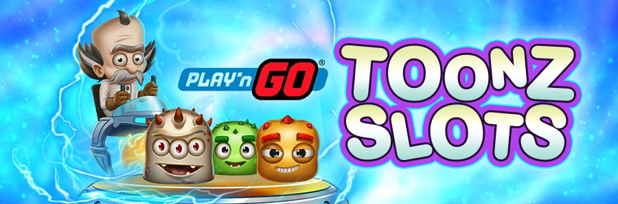 Werbebanner zu Play’n GO Toonz Slots mit Professor und bunten Alien-Symbolen.