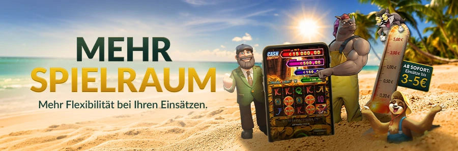 Banner zur Einsatzerhöhung bei DIE SPIELBANK mit Strandmotiv, Online Slots und Hinweis auf flexible Einsätze von 3 € bis 5 €.