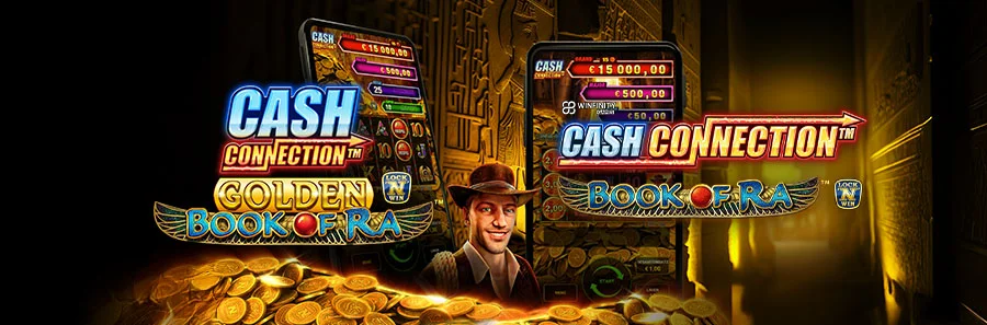 Cash Connection – Golden Book of Ra Slot mit Gewinn-Anzeige und ägyptischer Wüstenkulisse