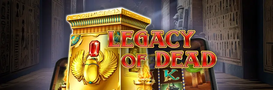 Screenshot des Spielautomaten „Legacy of Dead“ mit ägyptischem Tempel und goldenen Symbolen