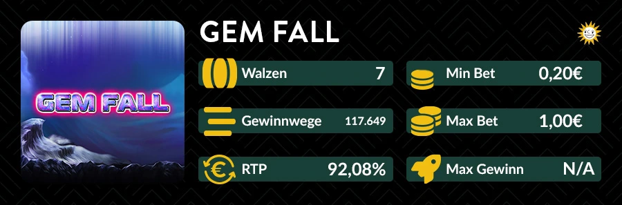 Gem Fall Slot mit 7 Walzen, 117.649 Wegen und 92,08 % RTP.