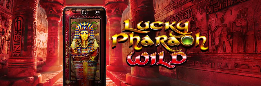 Lucky Pharaoh Wild Online Slot mit Pharao, goldenen Symbolen und ägyptischem Tempel im Hintergrund