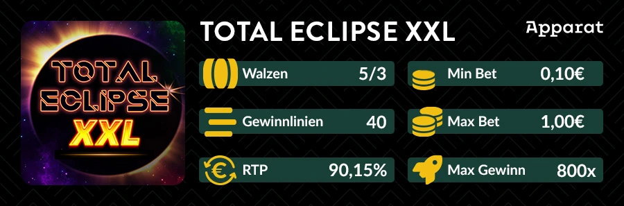 Total Eclipse XXL Slotübersicht von Apparat mit 5×3 Walzen, 40 Gewinnlinien, RTP und Einsatzlimits.