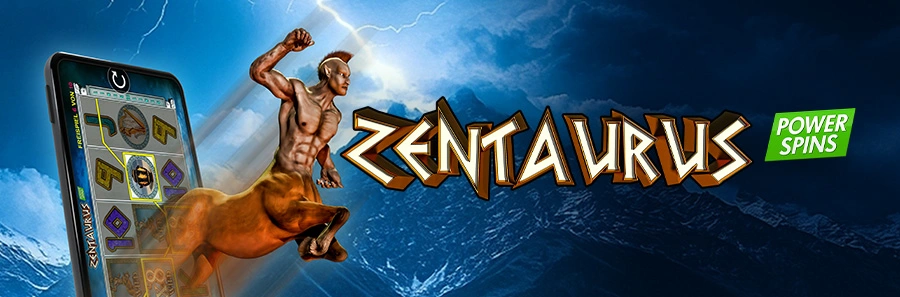 Zentaurus Online Slot von PowerSpins mit muskulösem Zentaur vor Gewitterhimmel und Slot-Spiel auf Smartphone im Hintergrund