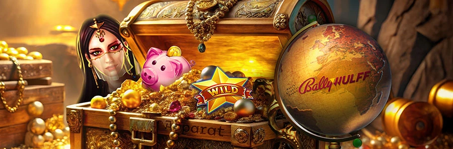 Fantastische Szene mit einer geöffneten Schatztruhe voller Gold, Münzen und Juwelen, daneben eine Bally-Wulff-Erde und Wild-Symbol.