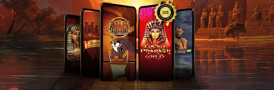 Mehrere Smartphones zeigen Merkur Slots wie Eye of Horus und Lucky Pharaoh vor ägyptischem Hintergrund mit Tempeln und Statuen.