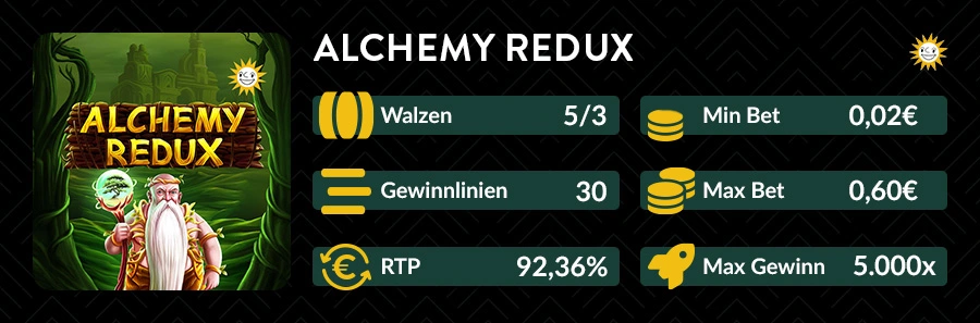 Slotübersicht Alchemy Redux mit Angaben zu Walzen, RTP und Maximalgewinn