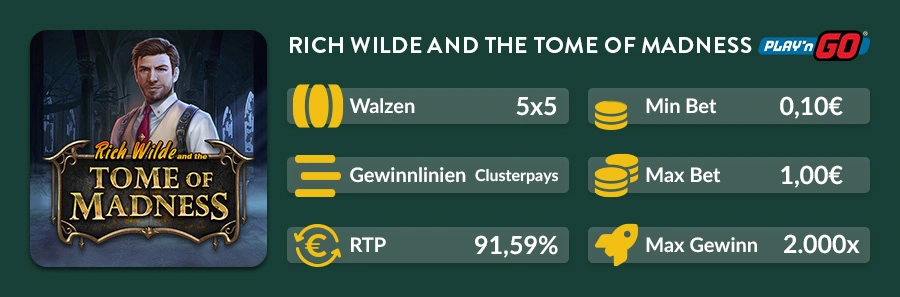 Rich Wilde and the Tome of Madness Slot Übersicht mit Angaben zu RTP, Walzen, Einsätzen und Maximalgewinn