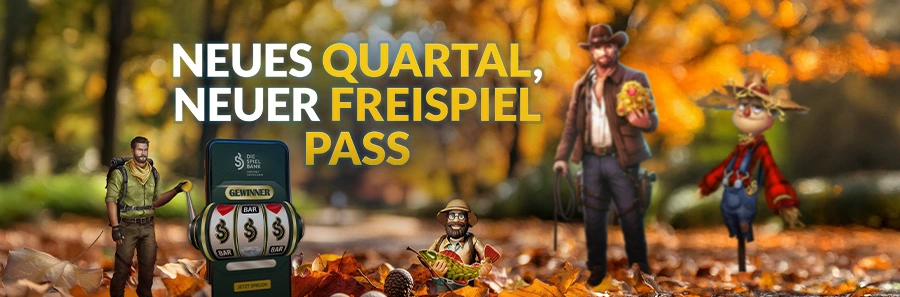 erbstaktion bei DIE SPIELBANK mit Freispielpass und Slot-Charakteren im bunten Laub