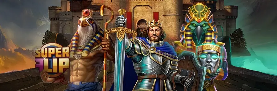 Drei Fantasy-Figuren, darunter ein ägyptischer Gott und ein Ritter mit Schwert, vor einer mittelalterlichen Burg – Szene aus einem Play’n GO Slotspiel