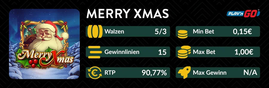 Darstellung der Merry-Xmas-Slotübersicht mit Walzen, Einsätzen, Gewinnlinien und RTP