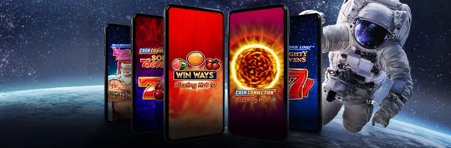 Banner mit modernen Novoline-Klassiker auf Smartphones und Astronautenmotiv für mobile Spieler bei DIE SPIELBANK.
