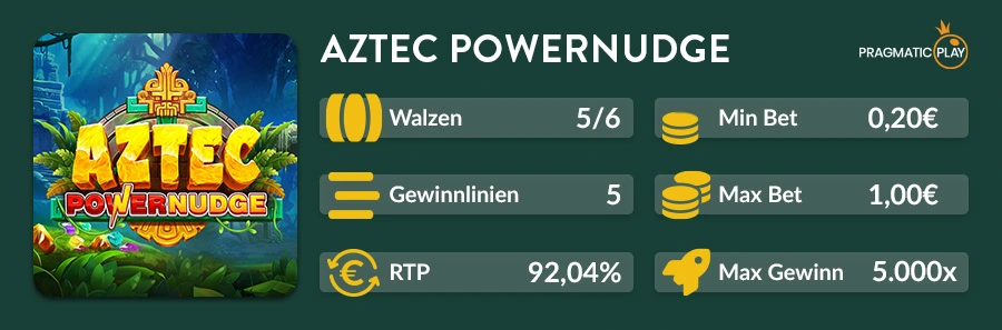 Spielübersicht Aztec Powernudge mit Infos zu Walzen, Gewinnlinien, RTP und Maximalgewinn