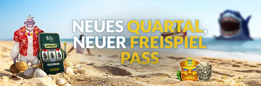 Strandmotiv mit Spielfiguren, Spielautomat und der Aufschrift „Neues Quartal, neuer Freispielpass“ – Werbung der Spielbank für den Q3-Freispielpass.