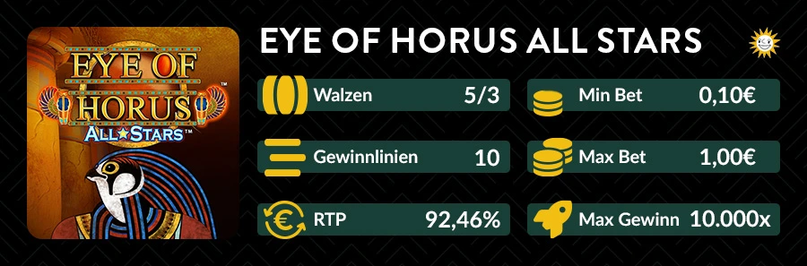 Eye of Horus All Stars Slot mit 5 Walzen, 10 Gewinnlinien und 10.000x Gewinn.