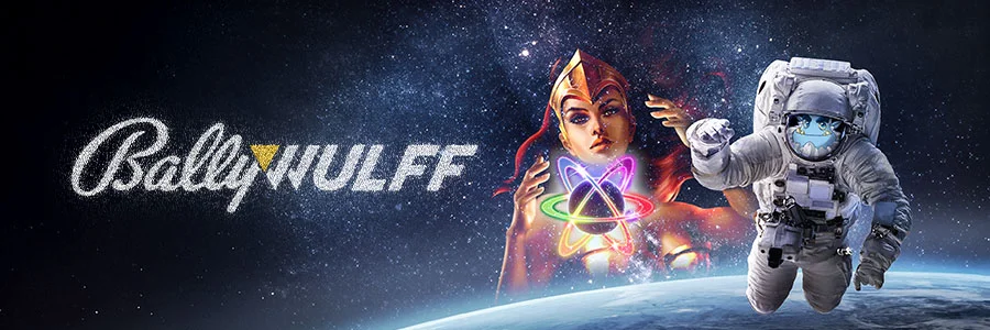 Bally Wulff Space Slots Banner mit Astronaut und Sci-Fi Königin im Weltraum