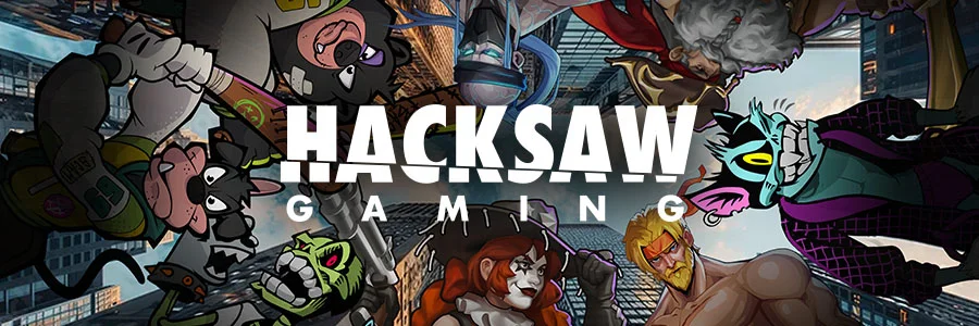 Hacksaw Gaming Action und Urban Slots Banner mit Chaos Crew, Bash Bros und Fighter Pit Charakteren